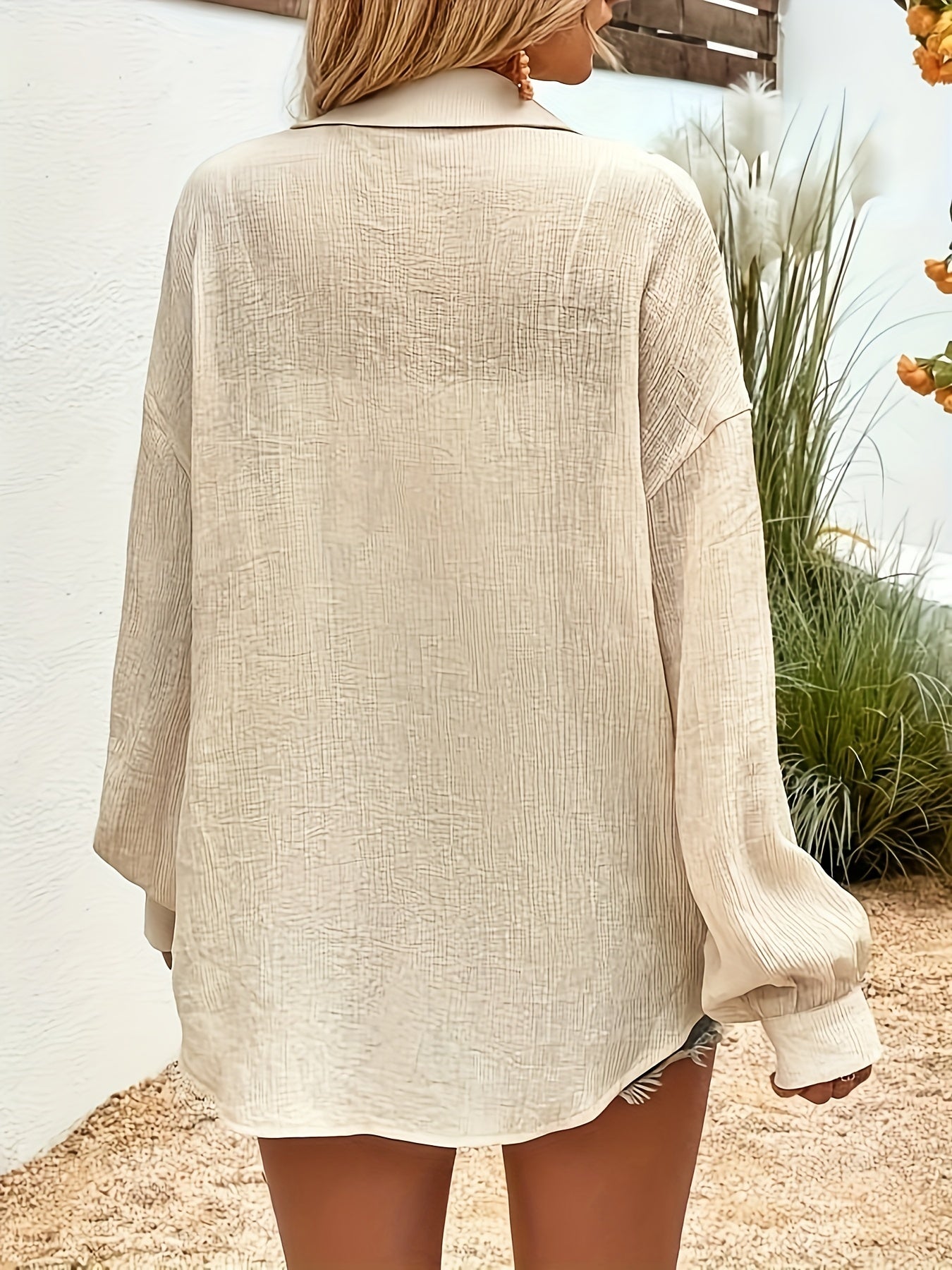 Textured Polo Collar Button Shirt, Casual Long Sleeve Shirt For Spring & Fall, Women's Clothing