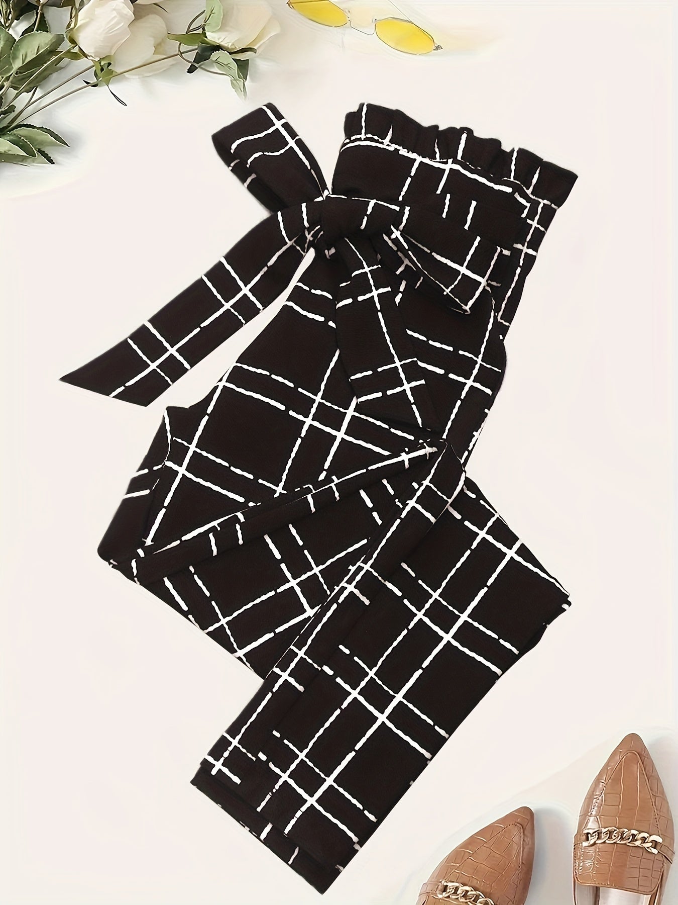 Plaid Print Tie Waist Pants, Elegant Paper Bag Waist Pants For Spring & Fall, Women's Clothing