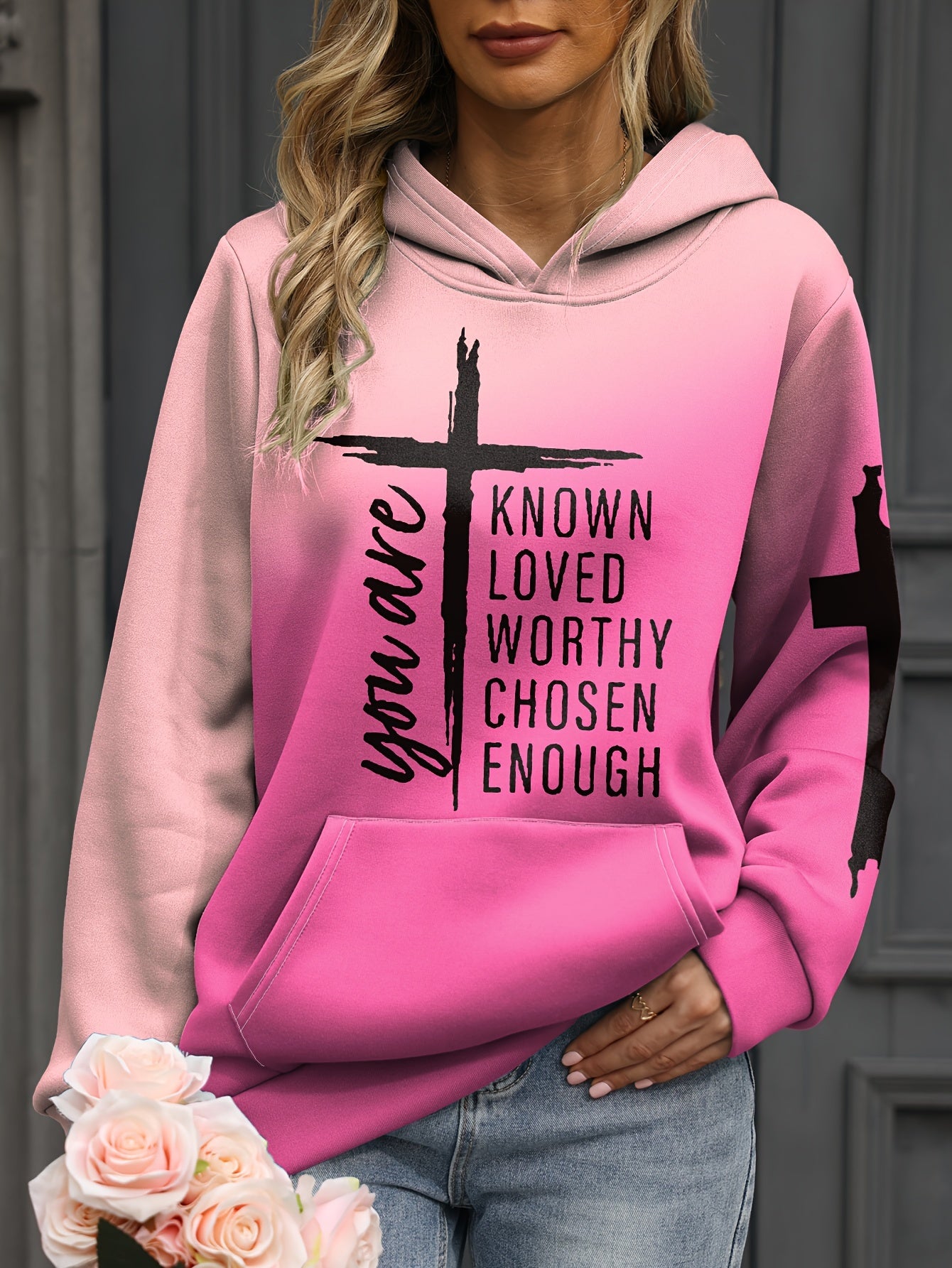 Plus Size Casual Sweatshirt, Women's Plus Ombre & Cross & Letter Print Long Sleeve Slight Stretch Hoodie With Giant Pocket