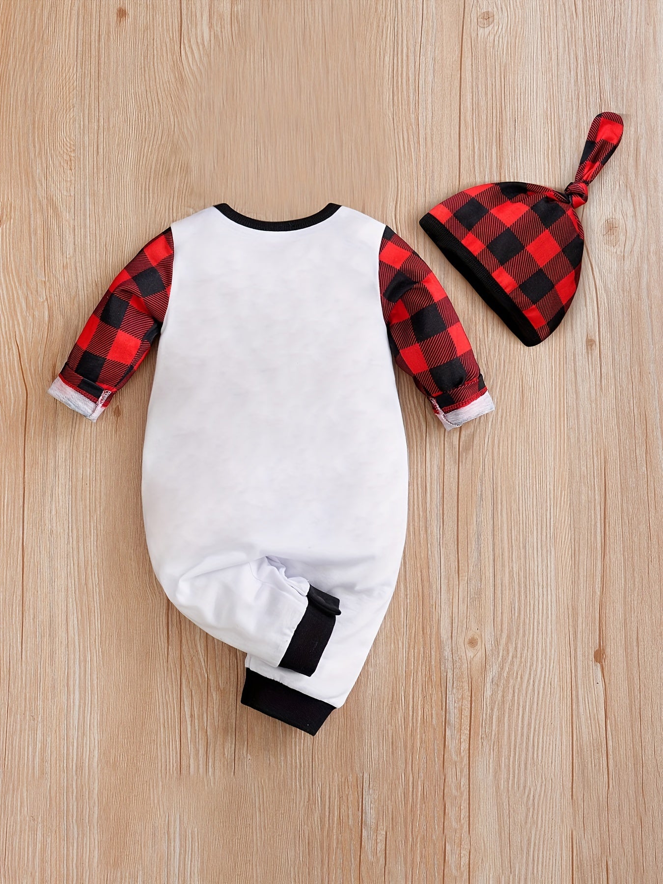 Christmas Letter Plaid Graphic Fake Overalls Romper, Cute Baby Bodysuit (Hat Included)