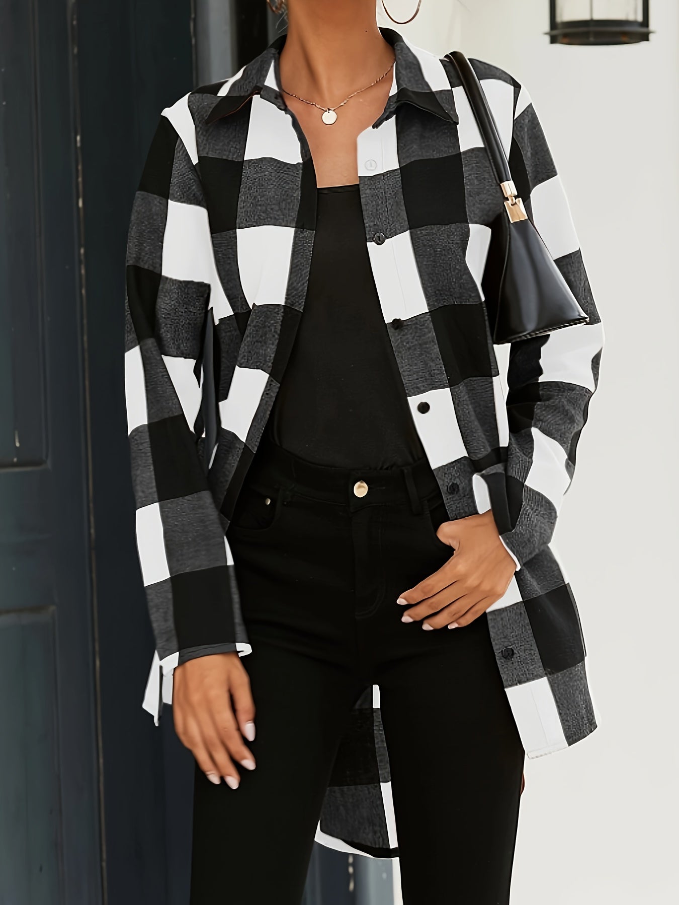 Plaid Print Long Length Shirt, Casual Button Front Long Sleeve Shirt, Women's Clothing