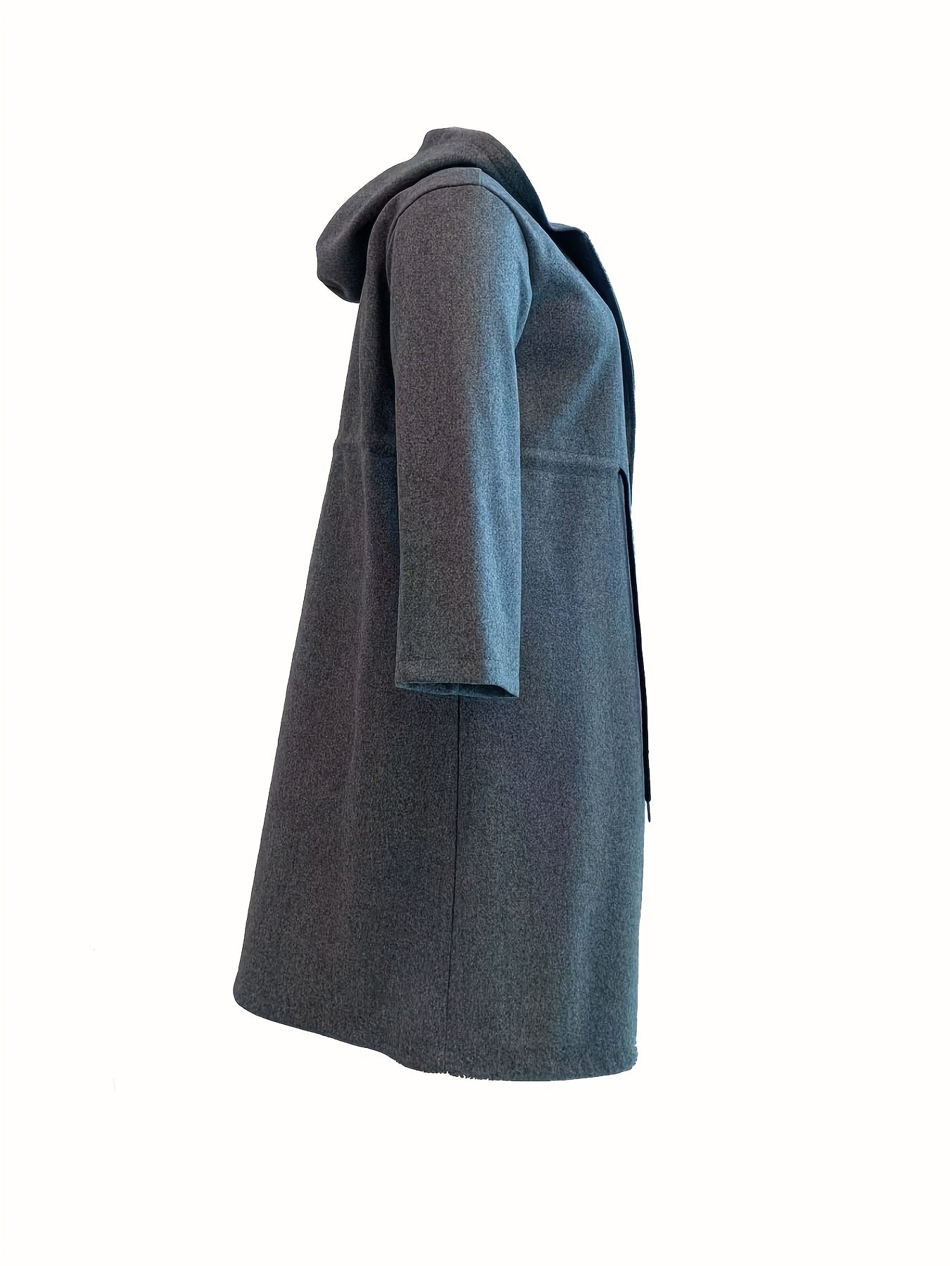 Plus Size Casual Coat, Women's Plus Solid Long Sleeve Hooded Drawstring Waist Longline Wool Blend Coat