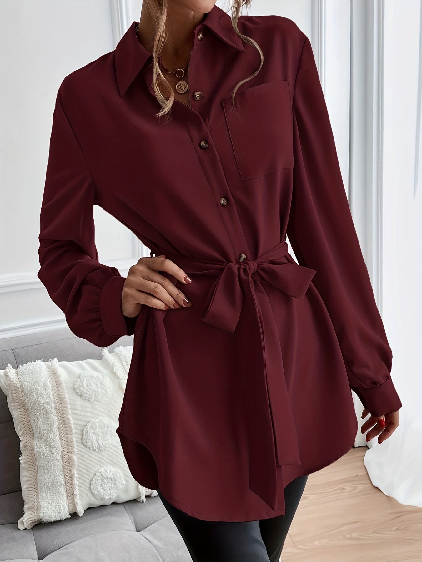 Button Front Basic Shirt, Casual Solid Long Sleeve Shirt, Women's Clothing