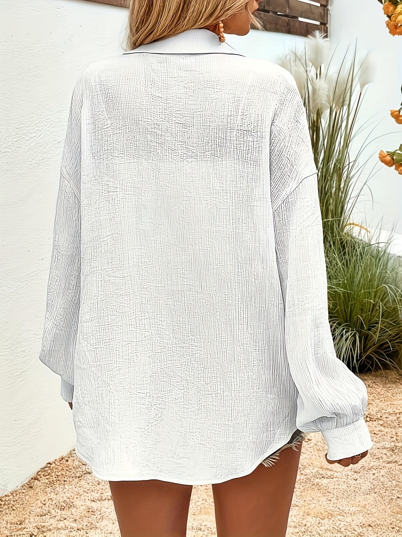 Textured Polo Collar Button Shirt, Casual Long Sleeve Shirt For Spring & Fall, Women's Clothing