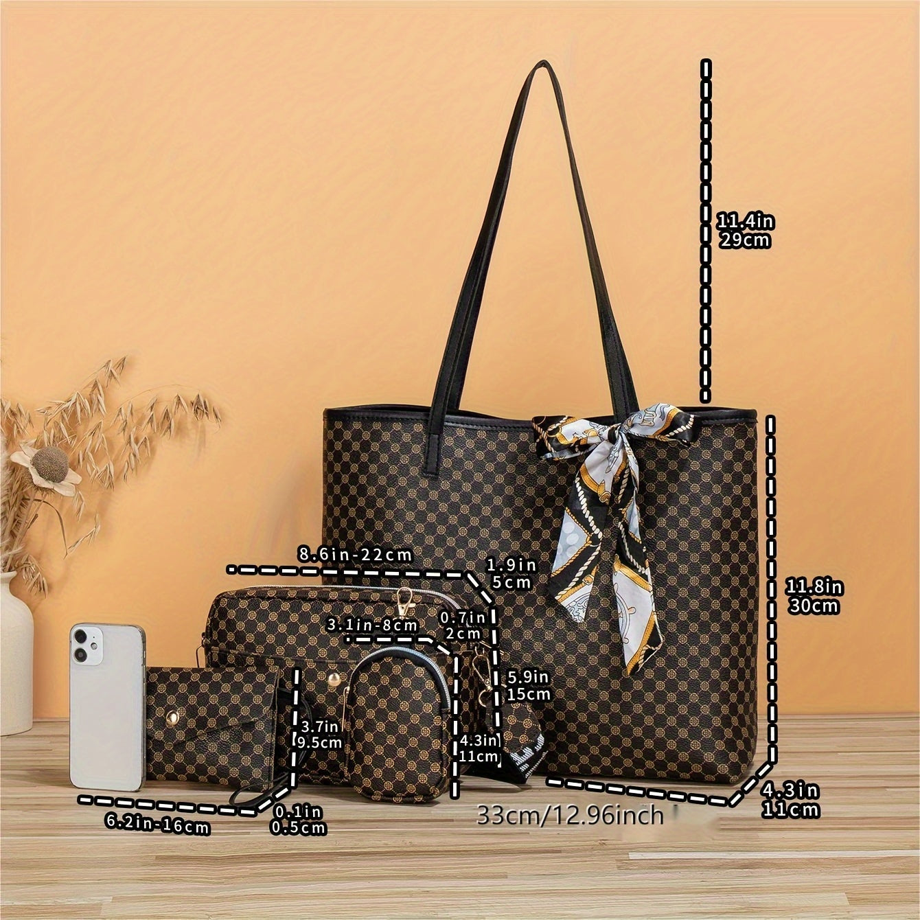 4 Pcs Quilted Detail Bag Sets, Solid Color Tote Bag With Shoulder Chain Bag & Purse & Crossbody Bag, Classic Bags With Scarf Decor