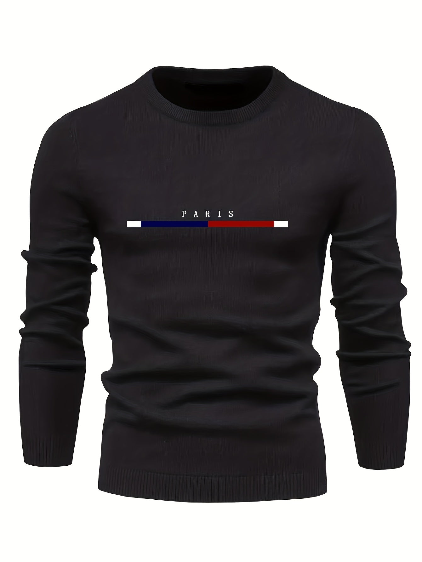All Match Knitted PARIS Pattern Sweater, Men's Casual Warm Mid Stretch Crew Neck Pullover Sweater For Men Fall Winter