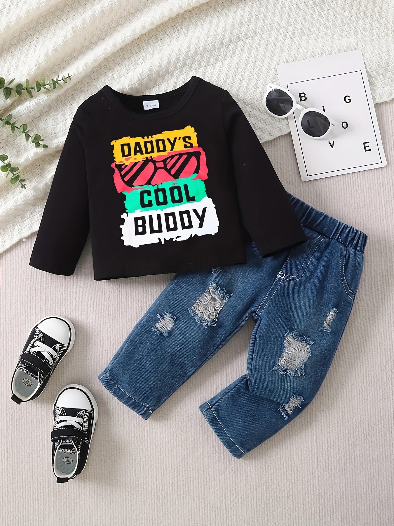 Toddler Baby Boys Trendy Casual Outfit, COOLER VERSION OF DAD Letter Print Long Sleeve Top & Ripped Jeans Set