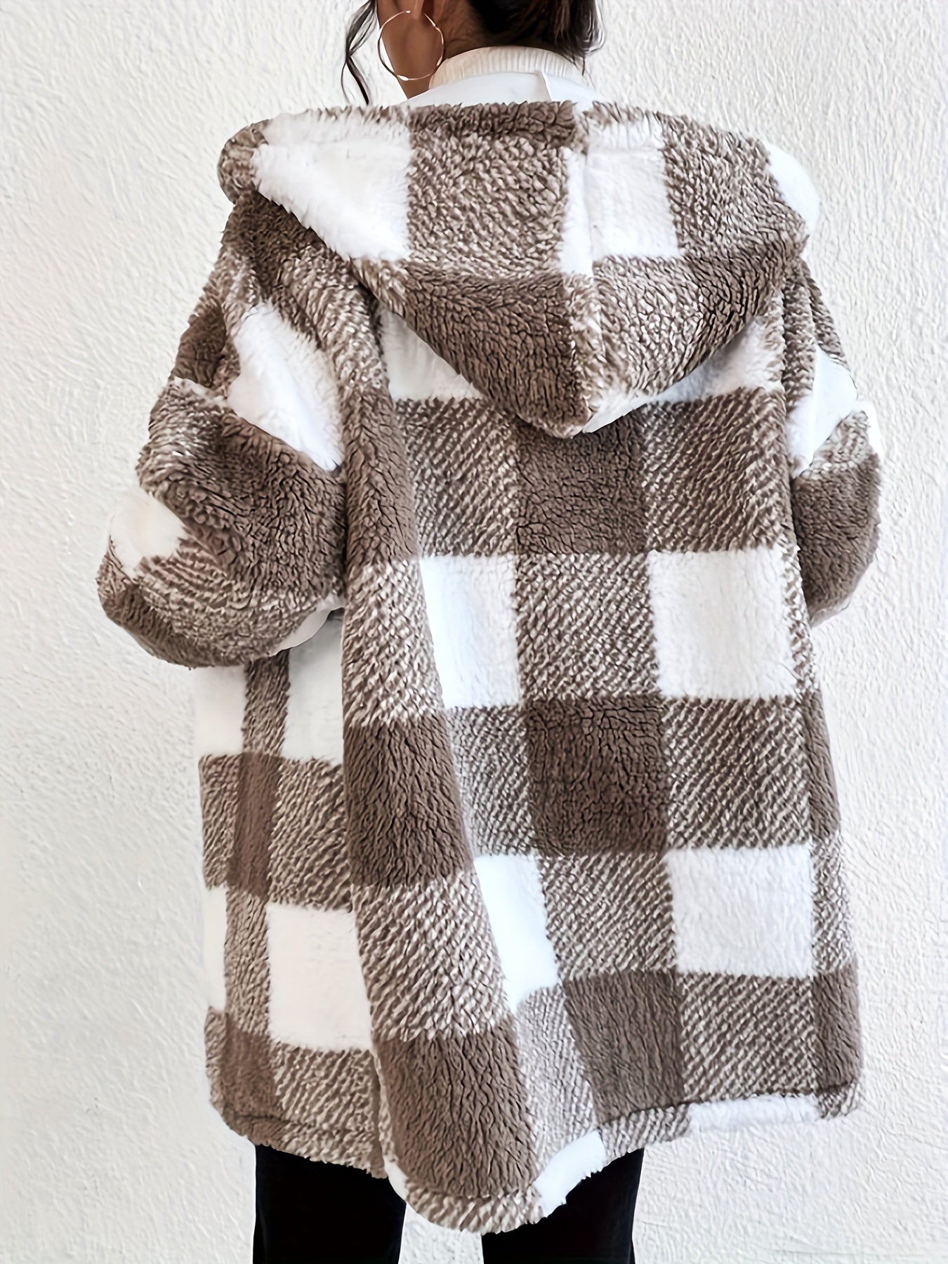 Plaid Print Teddy Hooded Jacket, Casual Zip Up Drawstring Outerwear, Women's Clothing