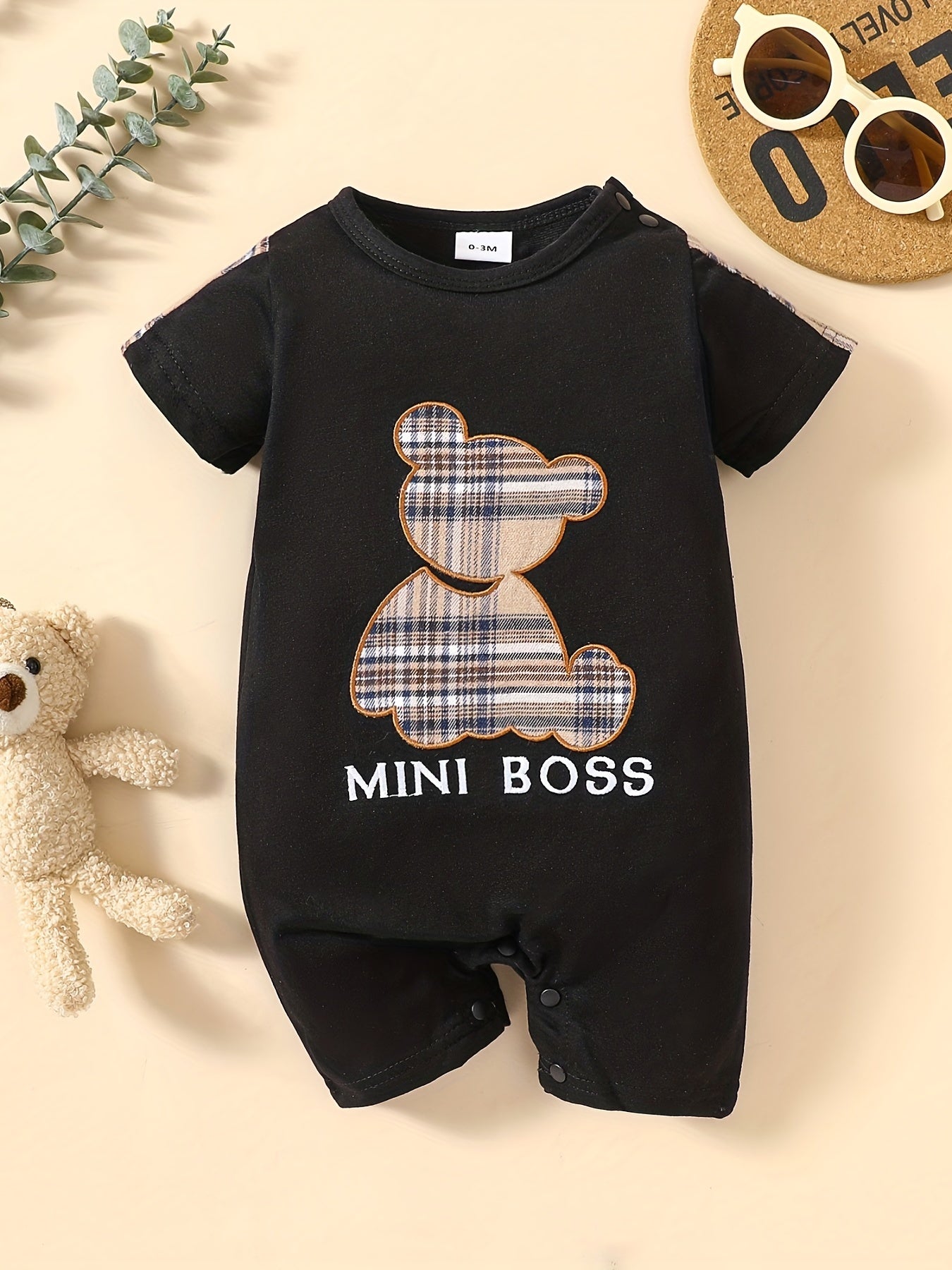 Toddler Baby Boys Casual Cute Plaid Bear Print Romper For Summer