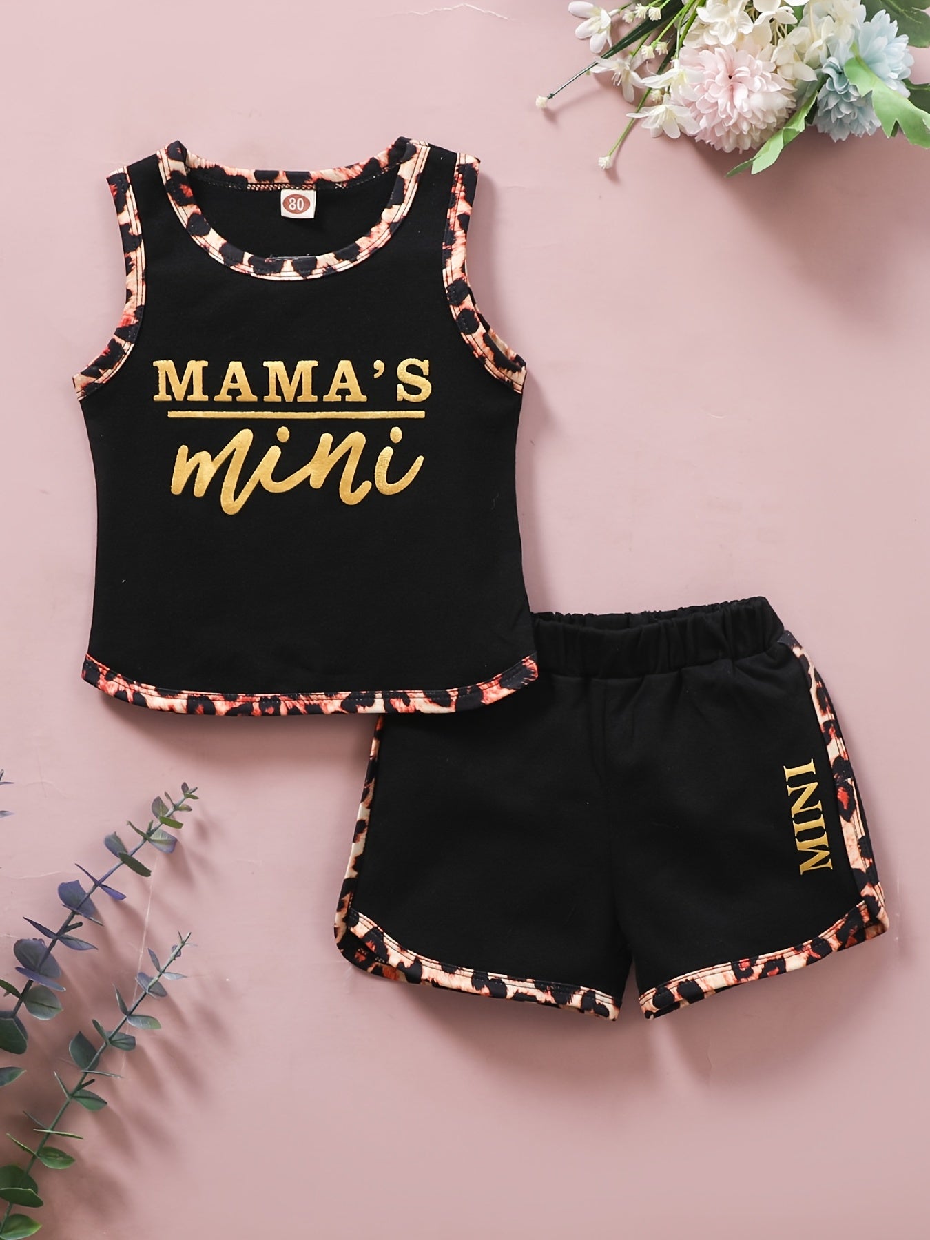 Baby Girls Pink "MAMA'S Mini" Print Stitching Leopard Tank Top & Shorts Set, Cute Casual Summer Outfit