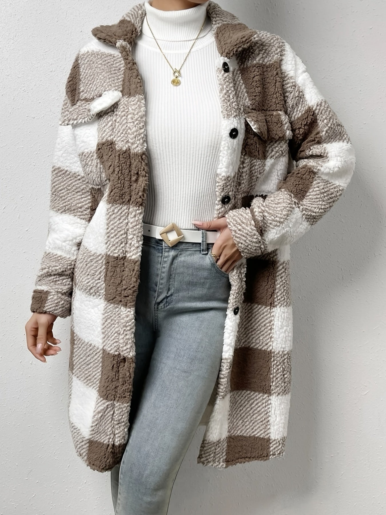 Plaid Pattern Teddy Coat, Casual Button Front Long Sleeve Outerwear, Women's Clothing