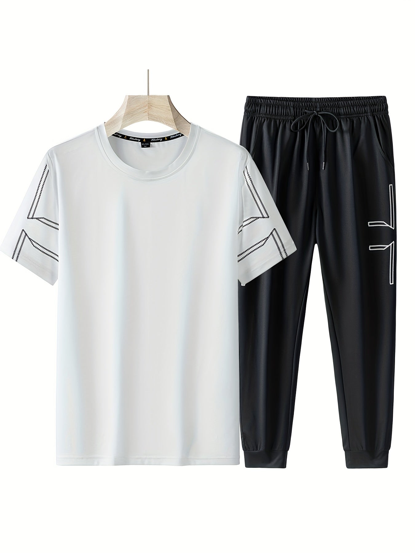 Men's 2 Piece Outfits, Geometric Line Pattern Comfy Casual T-shirt And Loose Drawstring Jogger Pants Set, Mens Clothing