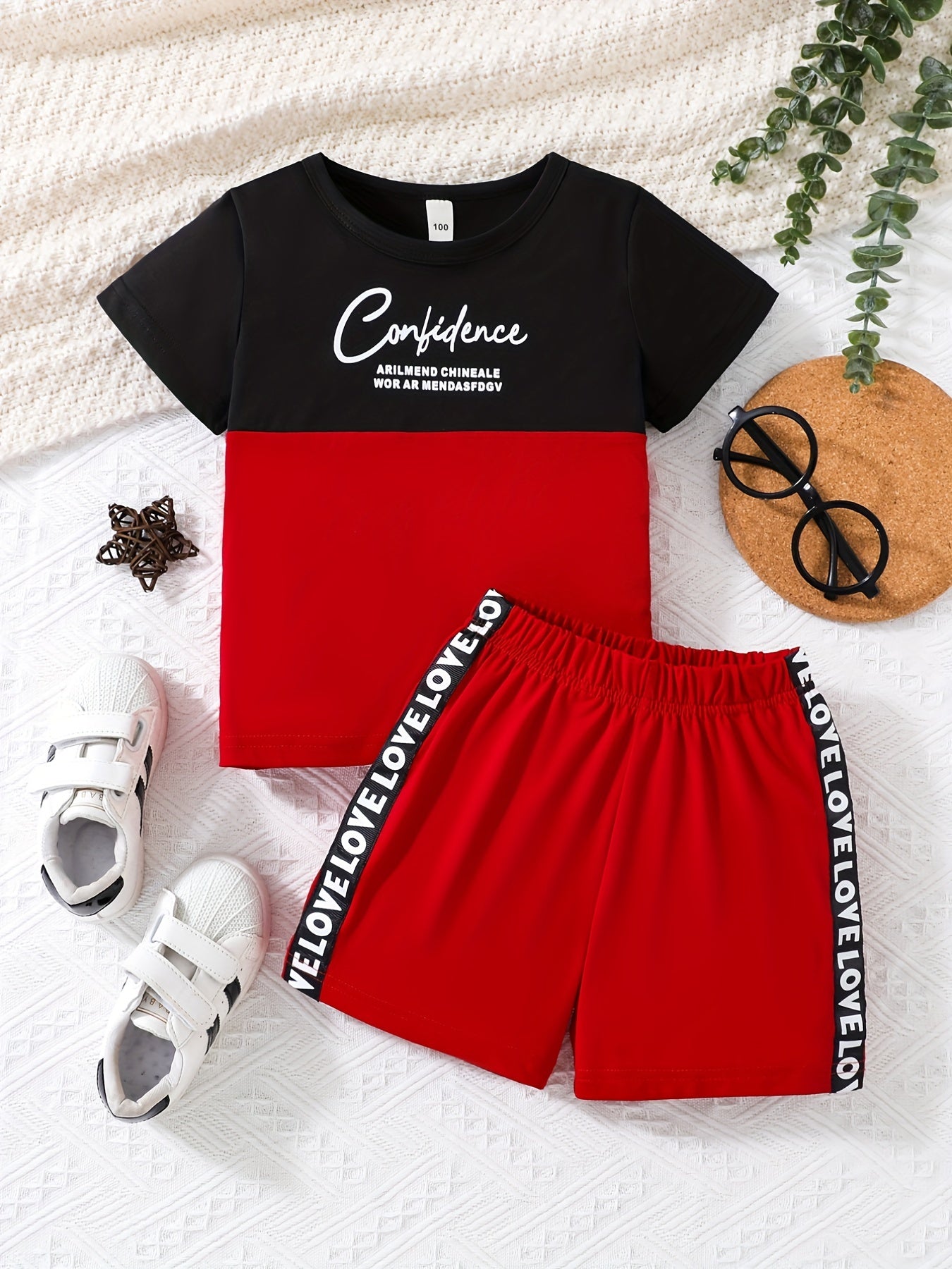 Boys Color Block Letter Outfit Shorts & T-shirt Short Sleeves Crew Neck Casual Summer Kids Clothes