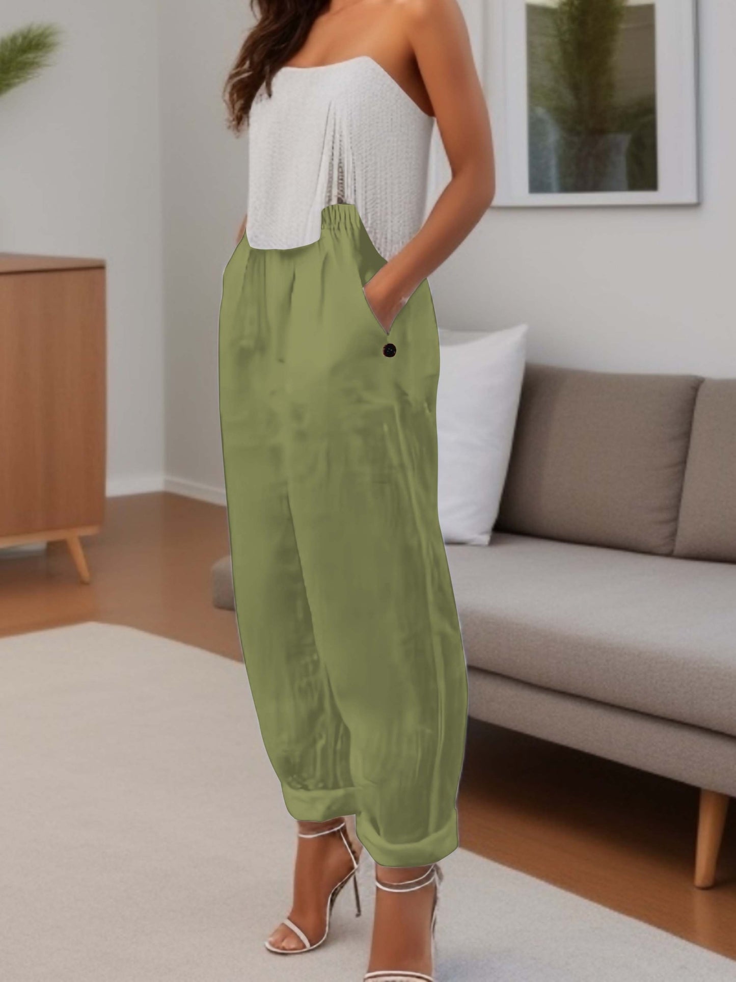 Minimalist Solid Versatile Pants, Casual Wide Leg Elastic Waist Summer Pants, Women's Clothing