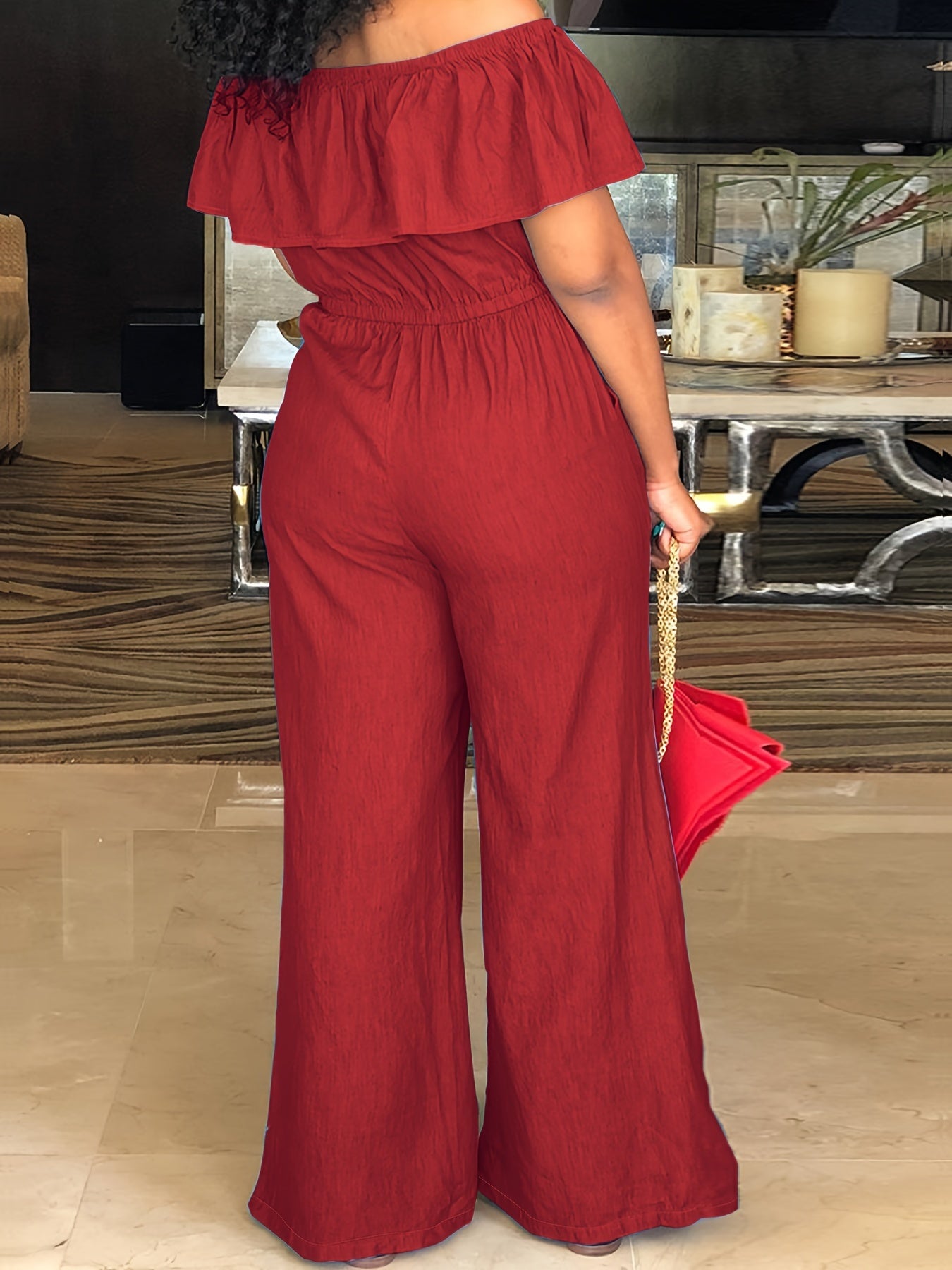 Plus Size Sexy Jumpsuit, Women's Plus Solid Ruffle Trim Off Shoulder Short Sleeve Wide Leg Jumpsuit With Pockets