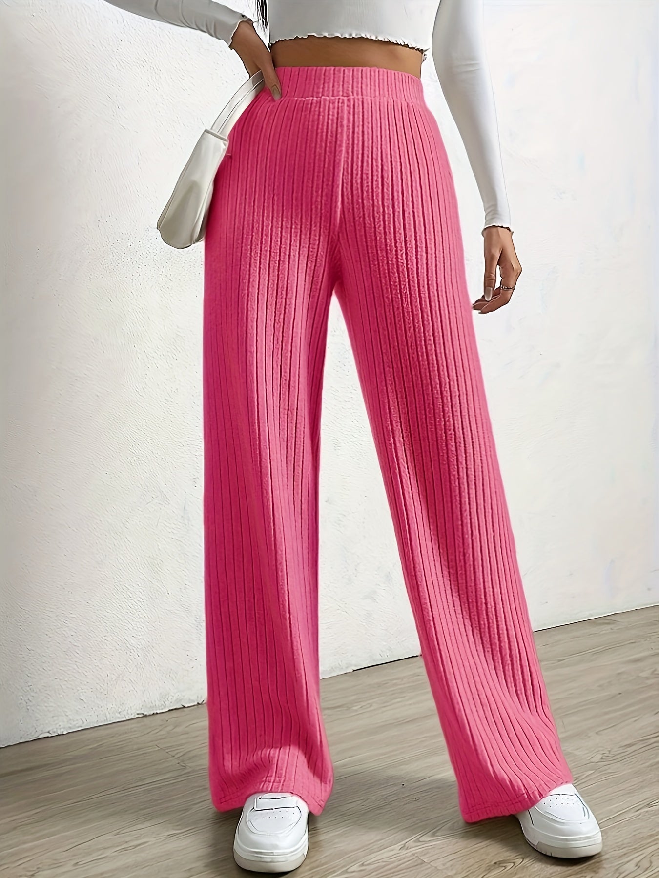 Plus Size Casual Pants, Women's Plus Solid Ribbed High Rise Medium Stretch Wide Leg Trousers