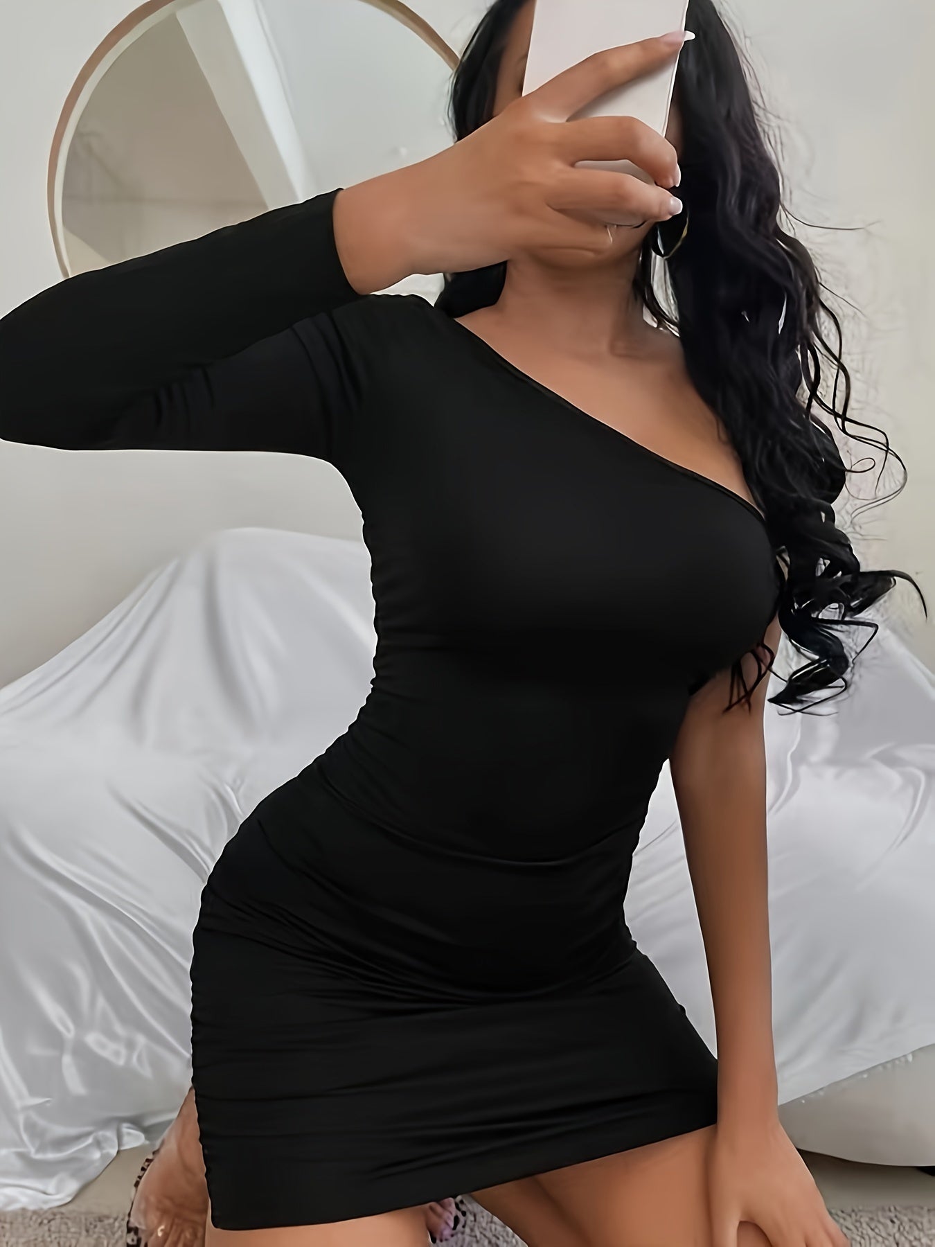One Shoulder Solid Dress, Party Wear Long Sleeve Bodycon Dress, Women's Clothing