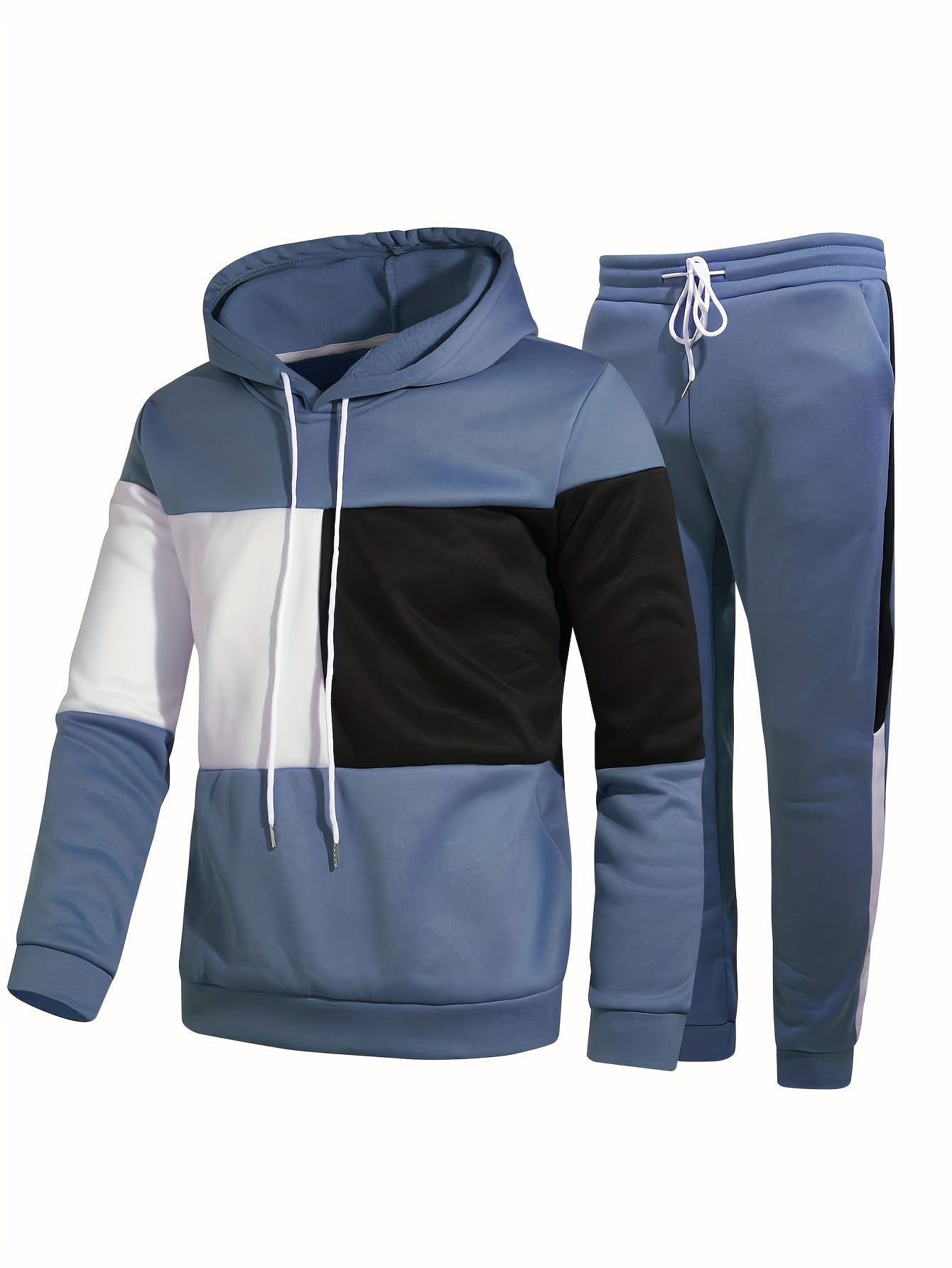 Men's Colorblock Hooded Sweatshirt Casual Outfit Set, 2 Pieces Long Sleeve Pullover Hoodies And Drawstring Sweatpants