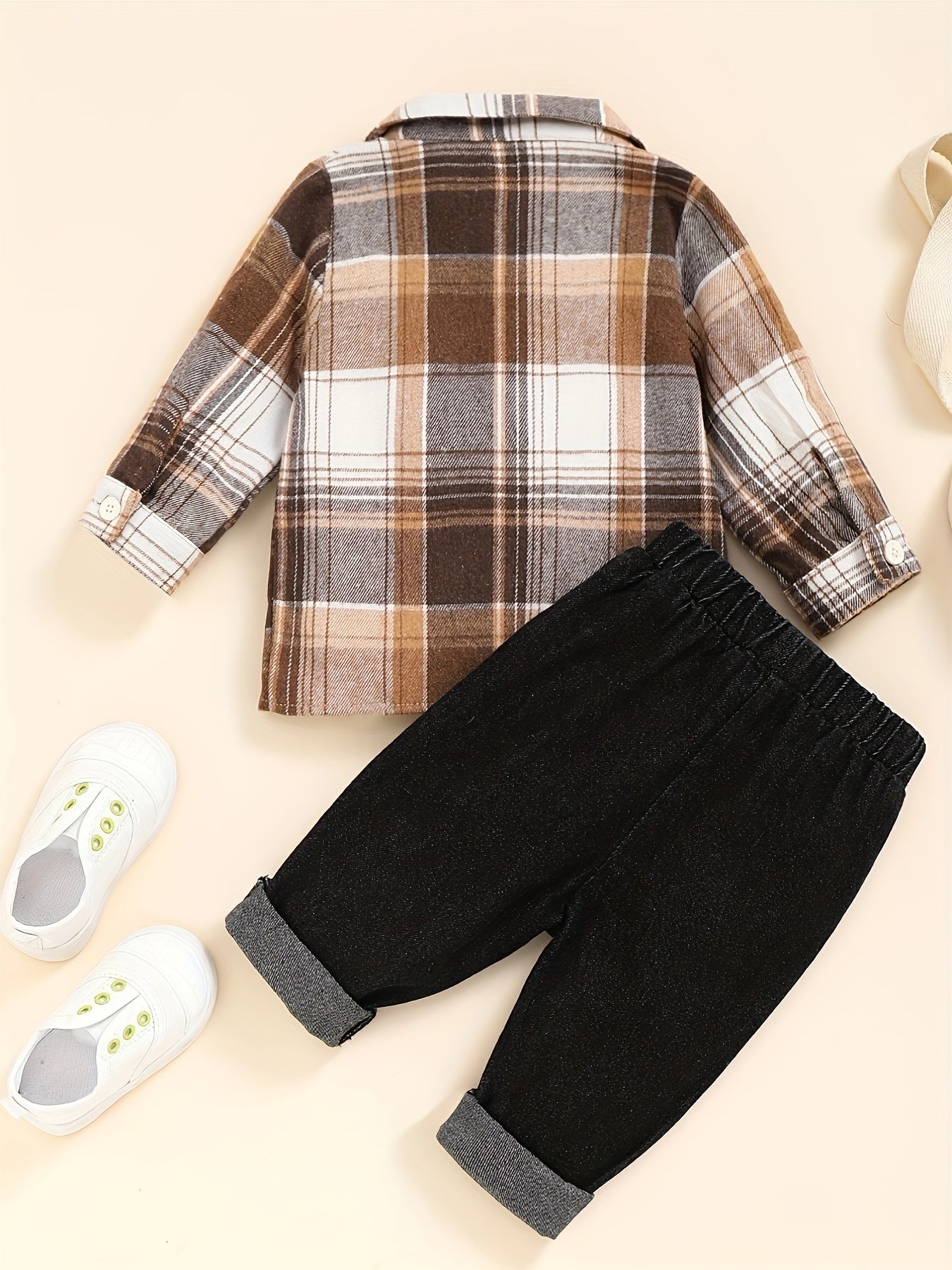 2pcs Baby Boys Plaid Long Sleeve Shirt Top & Ripped Denim Jeans Set Toddler Clothes