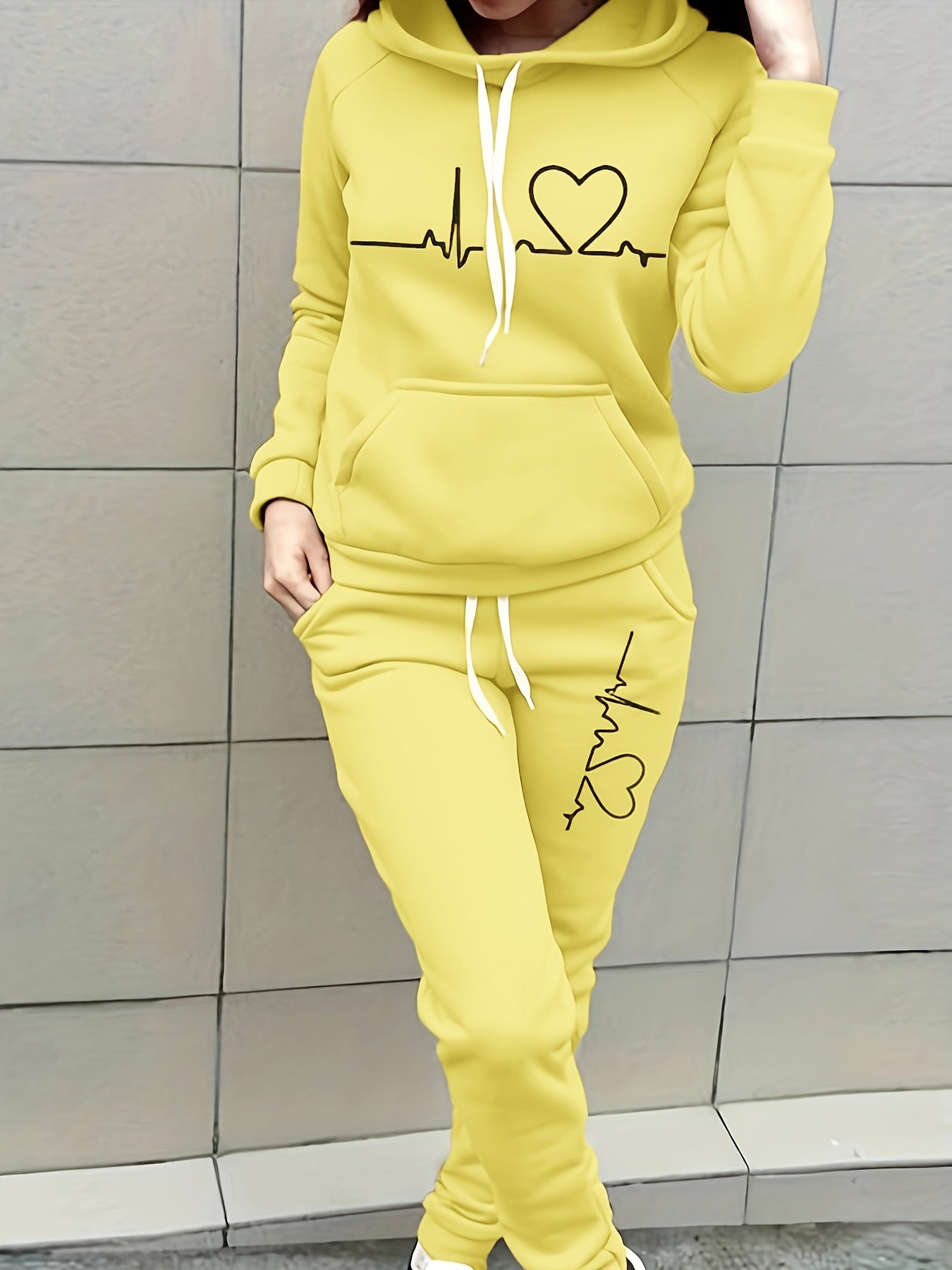 Women's 2 Pc Set, Heart & ECG Print Thermal Lined Hooded Top & Pants Set, Women's Clothing