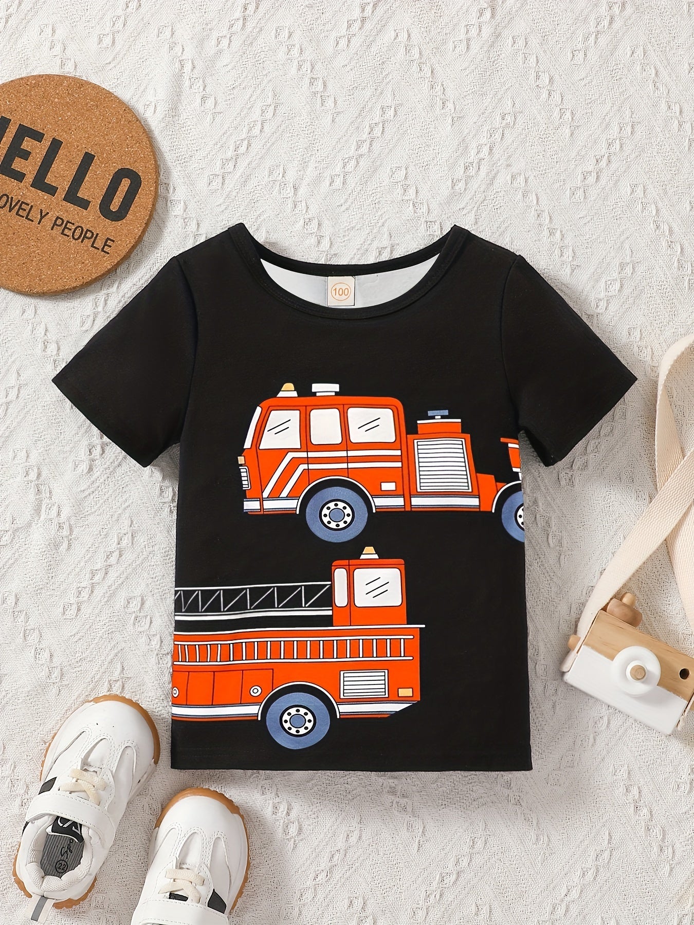 Cartoon Fire Truck Graphic Round Neck T-shirt Tees Tops Casual Soft Comfortable Boys And Girls Summer Clothes