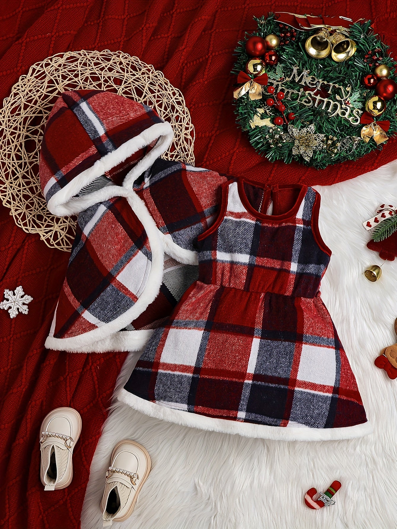Toddler Baby Girls Stylish Fleece Lined Plaid Coat + Plaid Dress Set Fall Winter Warm Outfit