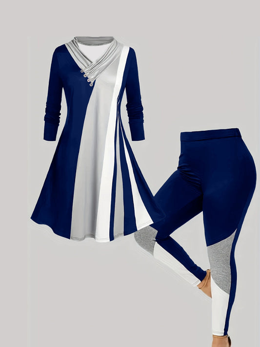 Plus Size Elegant Outfits Two Piece Set, Women's Plus Colorblock Long Sleeve V Neck Button Decor Pleated Top & Leggings Outfits 2 Piece Set