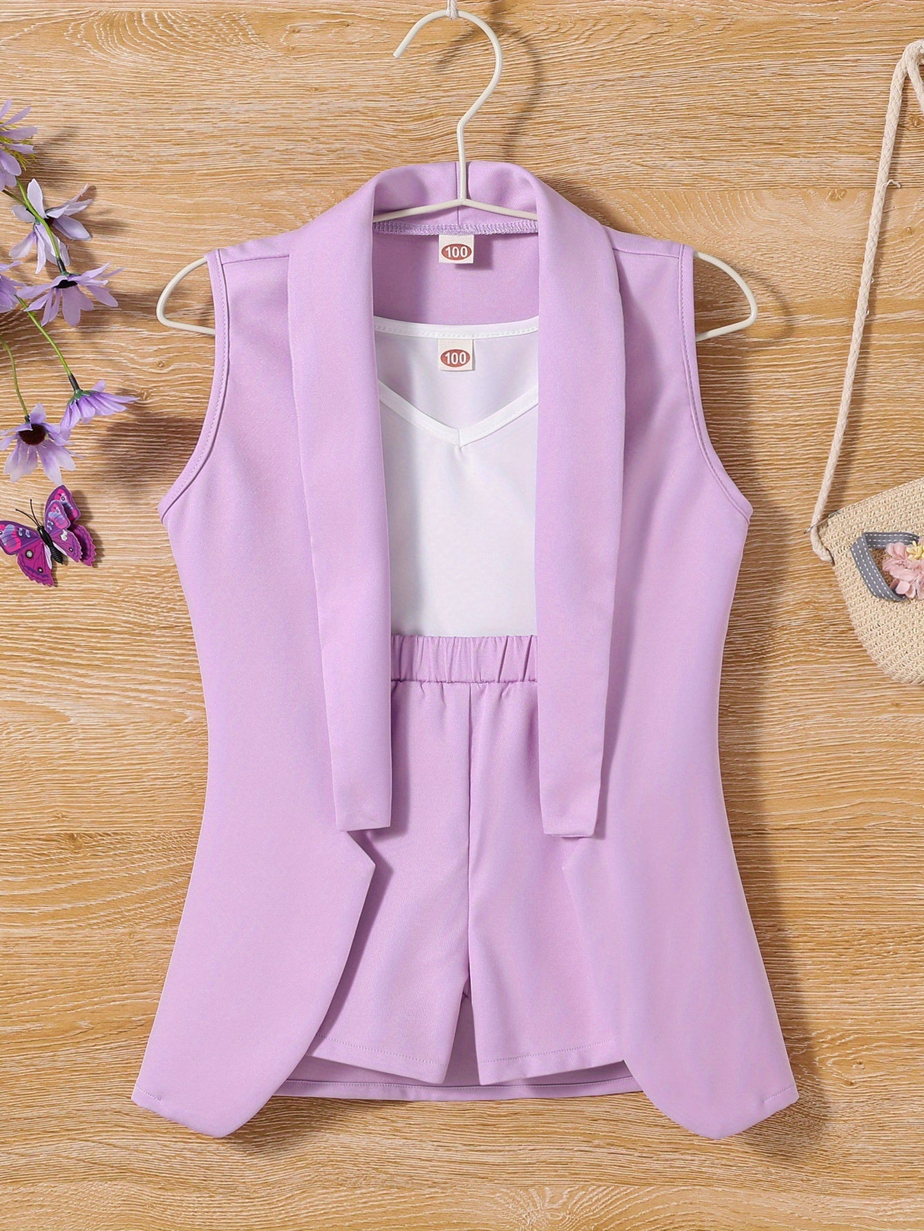 3pcs Toddler Girls Shawl Collar Vest & Shorts & Cami Top Set Kids, Summer Clothes