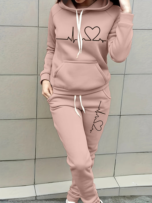 Women's 2 Pc Set, Heart & ECG Print Thermal Lined Hooded Top & Pants Set, Women's Clothing