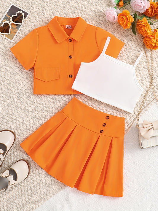 3pcs Toddler Girls Flap Detail Button Short Sleeve Shirt & Pleated Skirt & Cami Crop Top Set Kids Summer Clothes