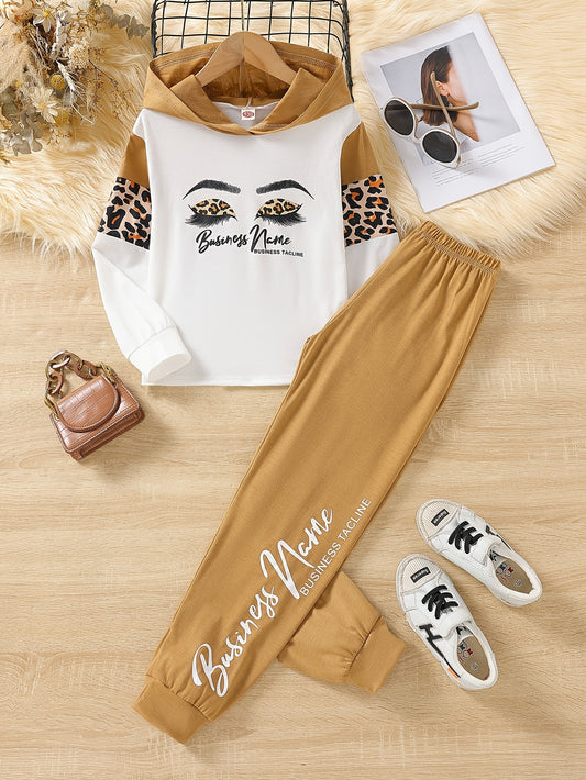 Girls Eyelashes Leopard Print Stitching Long Sleeve Hoodie & Letter Print Trousers 2pcs Kids Clothes