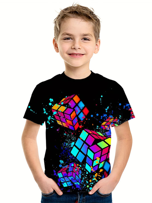 Boys And Girls Magic Cubic 3D Print Trendy T-shirt, Kids Cool Hip Hop Street Sports Casual Tops, Stylish Street Wear