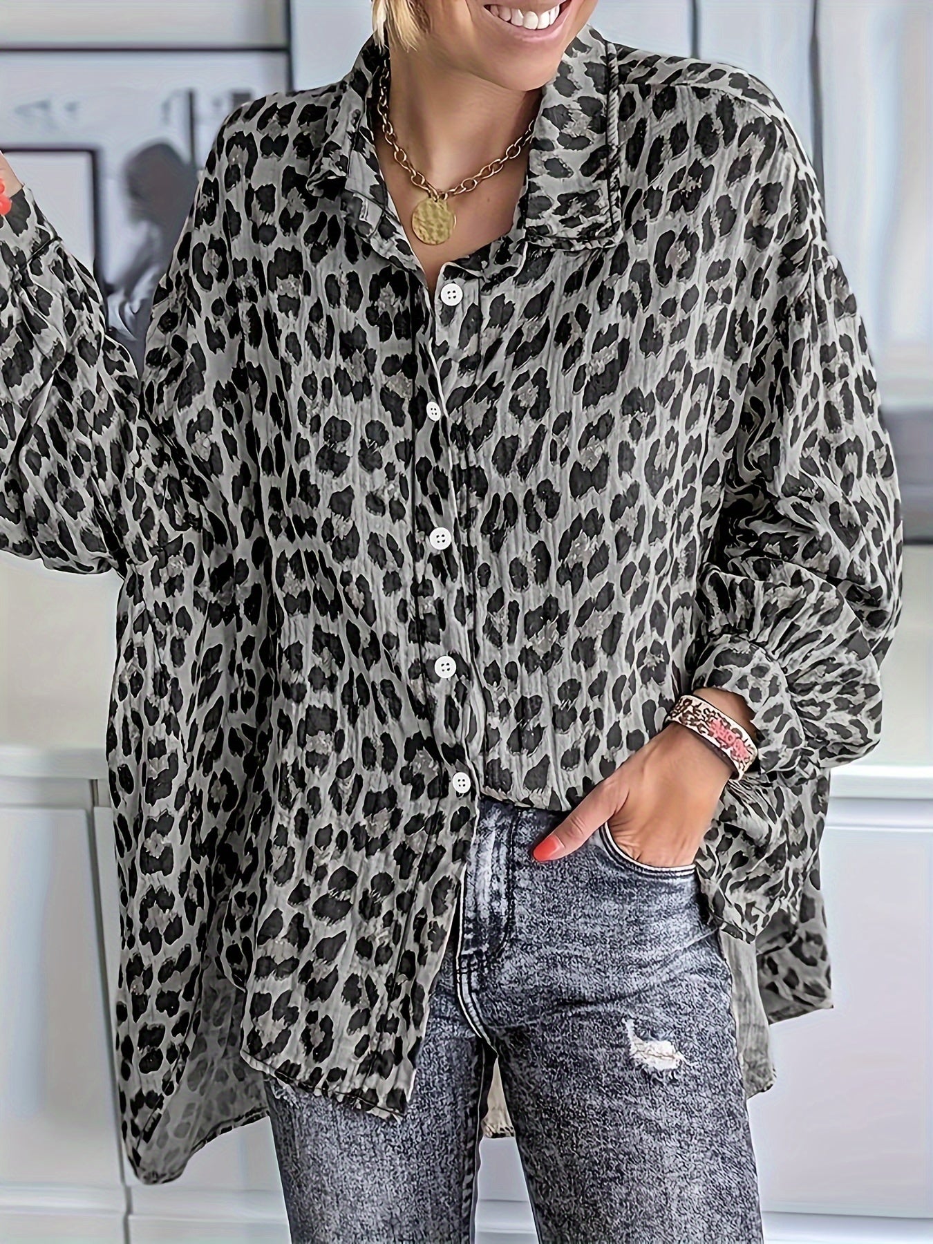 Plus Size Casual Blouse, Women's Plus Leopard Print Long Sleeve Lapel Collar Button Up Oversized Blouse