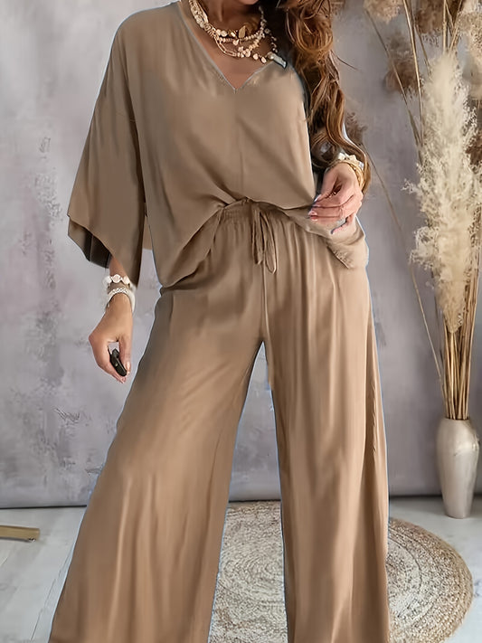 Plus Size Casual Outfit Set, Women's Plus Solid Long Sleeve V Neck Loose Fit Top & Pants Outfits Two Piece Set
