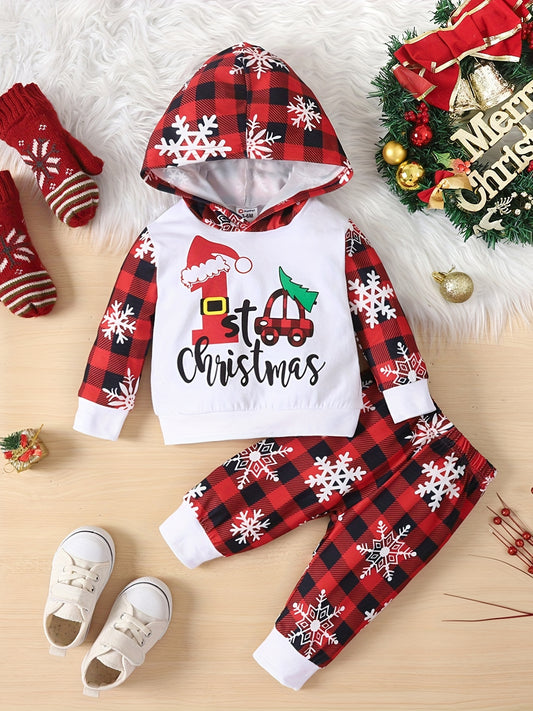 Christmas Casual Outfit, Hooded Sweatshirt & Trousers Set, Pajamas Set Loungewear For Baby Boys And Girls