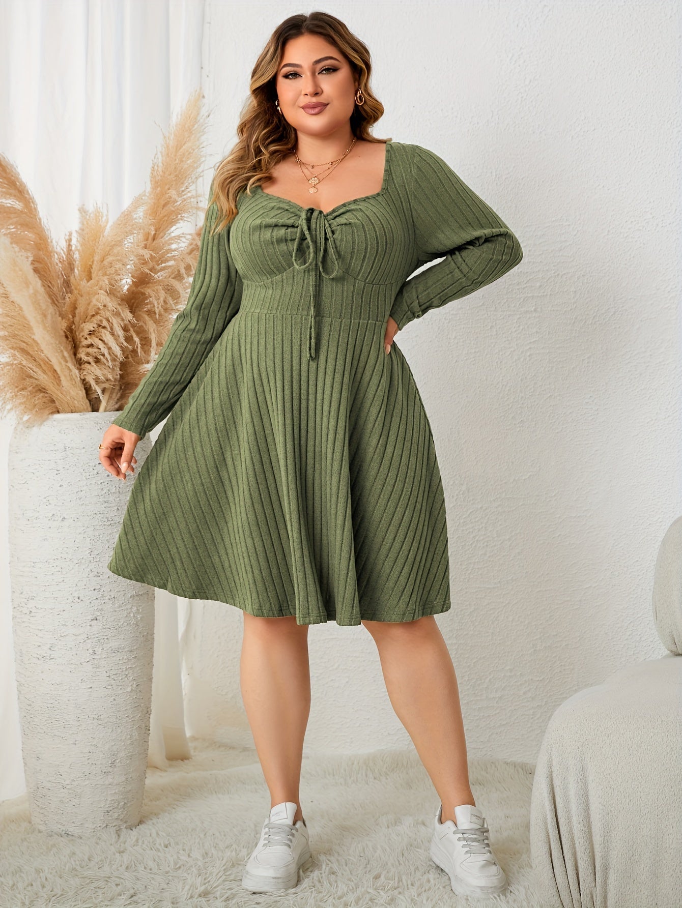 Plus Size Casual Dress, Women's Plus Solid Ribbed Ruched Tie Front Long Sleeve V Neck Knee Length Dress