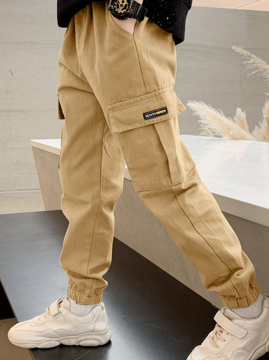Kid's Cotton Cargo Pants, Elastic Waist Trousers With Pockets, Boy's Clothes For Spring Fall Winter