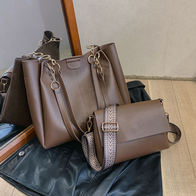 2pcs Trendy Solid Color Tote Bag Set, Fashion Chain Shoulder Bag With Wide Strap Crossbody Bag