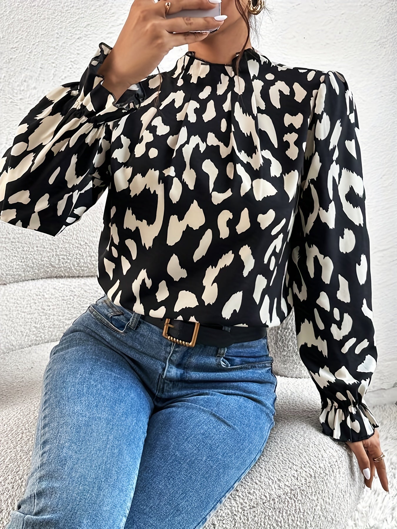 Leopard Print Keyhole Blouse, Casual High Neck Long Sleeve Blouse, Women's Clothing