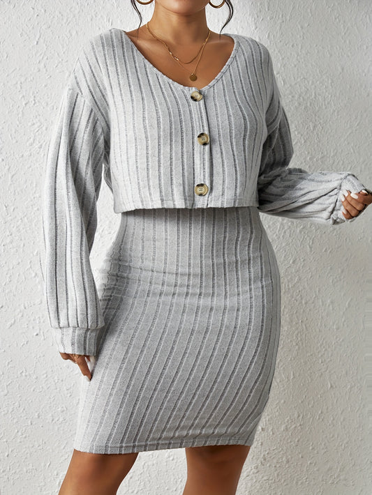 Plus Size Simple Outfits Set, Women's Plus Solid Ribbed Knit Round Neck Slim Fit Tank Dress & Long Sleeve Button Decor Knit Top Outfits Two Piece Set