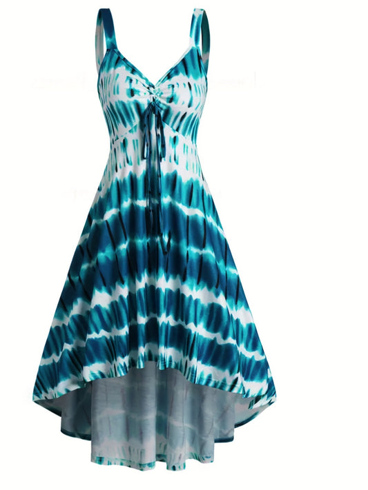 Plus Size Casual Summer Dress, Women's Plus Tie Dye Drawstring V Neck Asymmetrical Hem High Stretch A-line Cami Dress