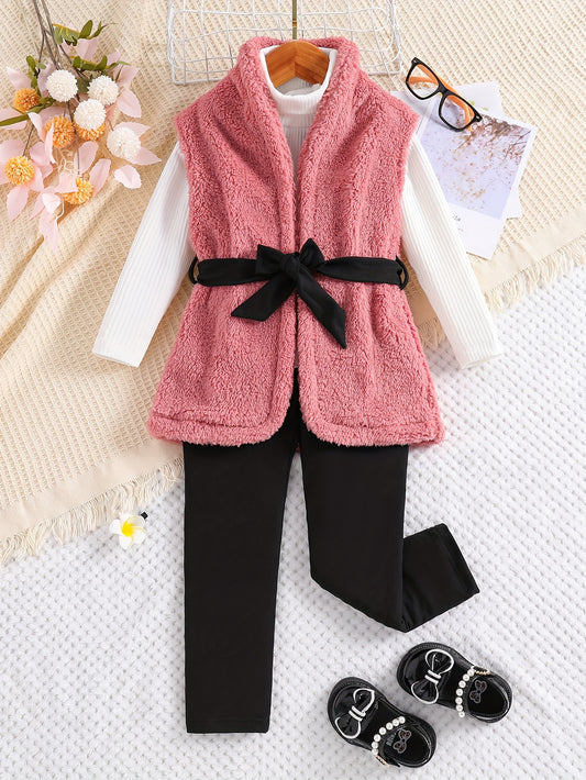 Comfy 3pcs Girls, Sleeveless Plush Jacket With Bow Belt + Pullover + Pants Set Kids Clothes For Spring Fall Christmas Gift