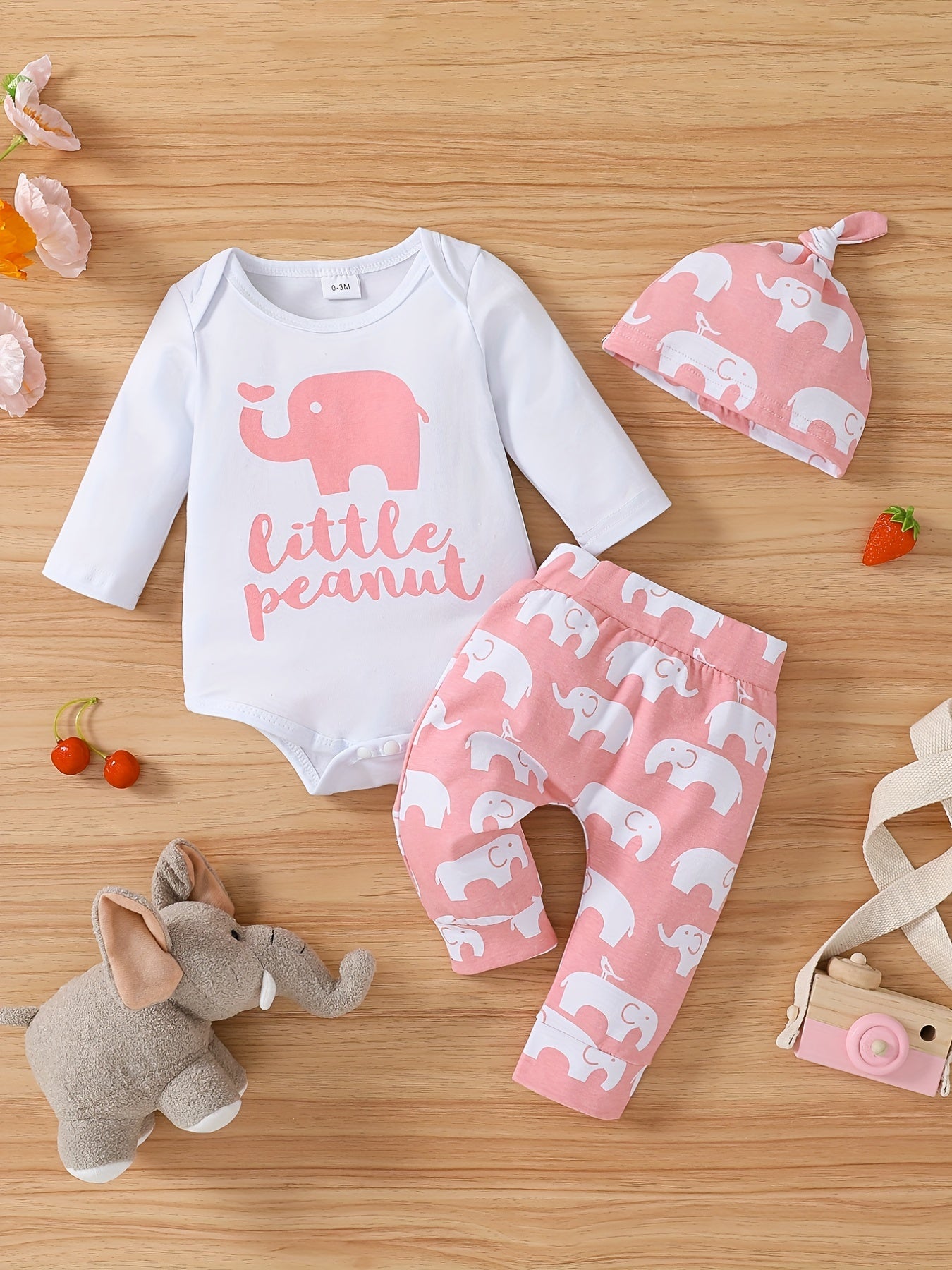 Baby Boys Cotton Bodysuit + Matching Pants + Hat With Elephant Print, Long Sleeve Romper Onesie Set Baby Clothes