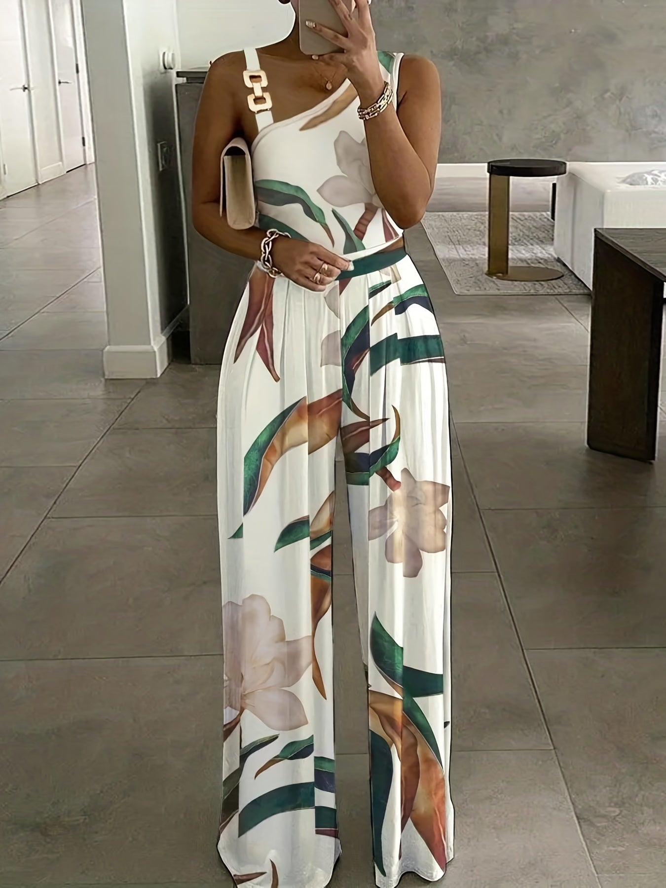 Floral Print Wide Leg Jumpsuit, Casual Chain Strap Sleeveless Jumpsuit For Spring & Summer, Women's Clothing