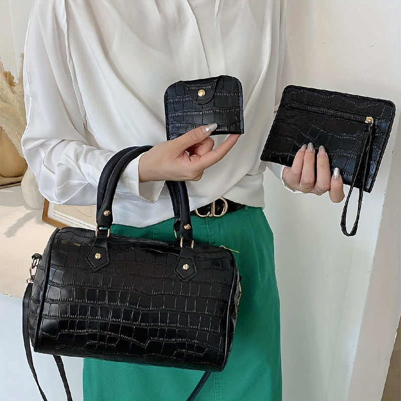 3pcs Retro Crocodile Pattern Handbag Set, Women's Crossbody Boston Bag With Clutch Bag & Credit Card Holder