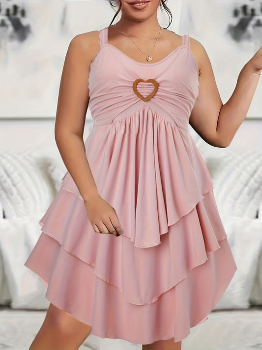 Plus Size Elegant Dress, Women's Plus Solid Sweetheart Neck Heart Decor Ruched Layered Bandana Hem Dress
