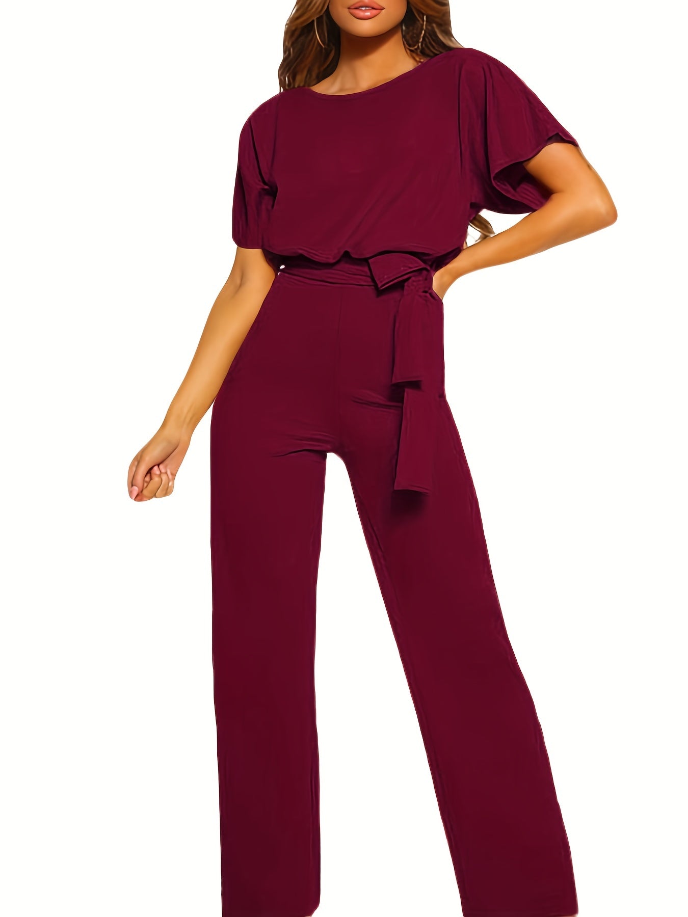 Tie Waist Straight Leg Jumpsuit, Casual Short Sleeve Jumpsuit For Spring & Summer, Women's Clothing