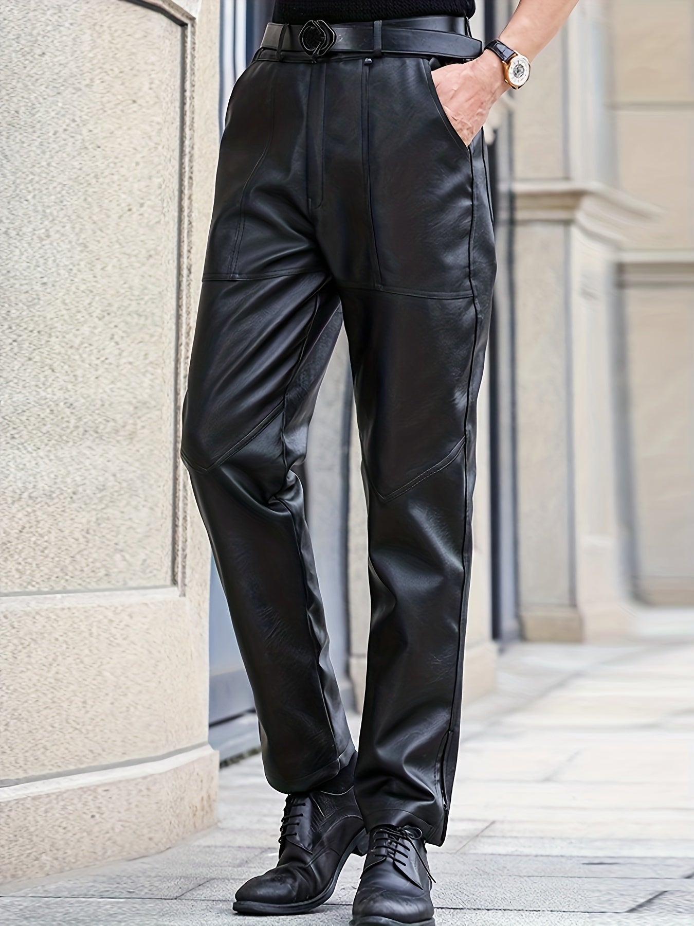 Solid Color Straight Pants Waist Drawstring Elastic PU Faux Leather Trouser , Men's Casual Slightly Stretchy Pants For Spring Fall