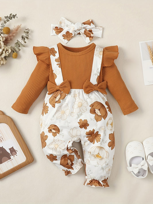 Baby Girls Long Sleeve Flower Print Cute Bodysuit With Bows For Spring And Autumn