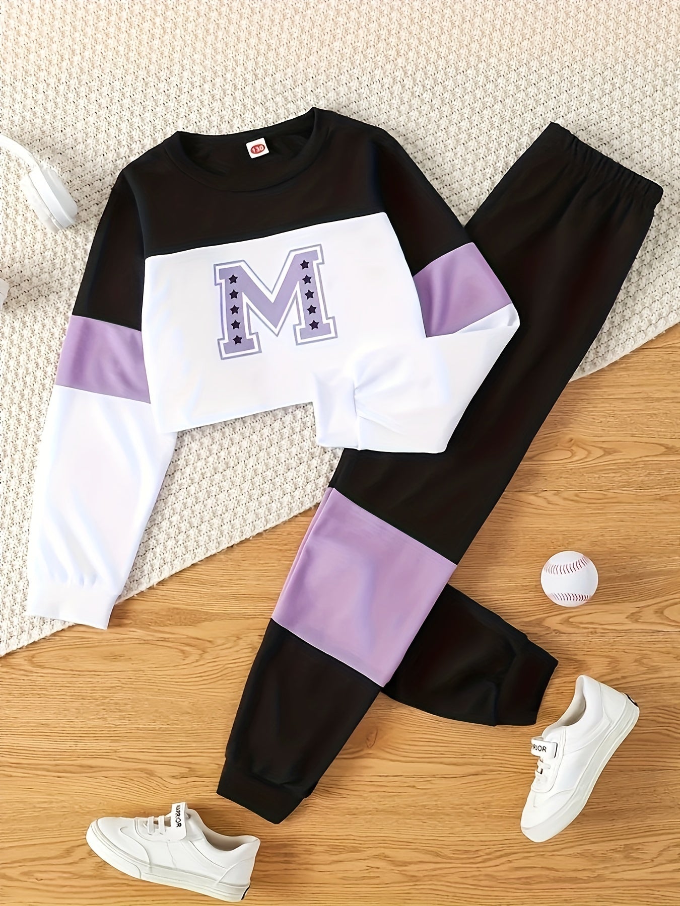 Alphabet Print Trendy Girls Color Block Long Sleeve Sweatshirt & Sports Pants Set, Girls Casual Outfit For Spring Fall